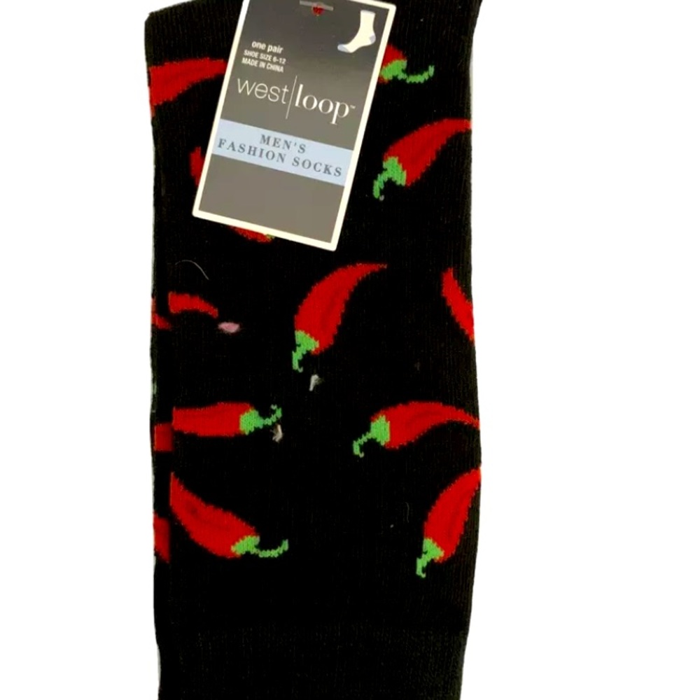 FUNKY SOCKS MENS Hot pepper chili pepper CREW SOCKS SHOE SIZE 6-12 Black 1 PAIR